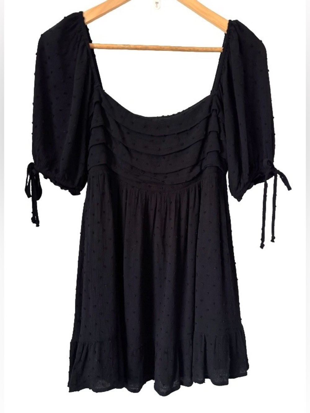 miami blk swiss dt mini drss w sq nk & puff slvs & flounce hem SZ S milkmaid